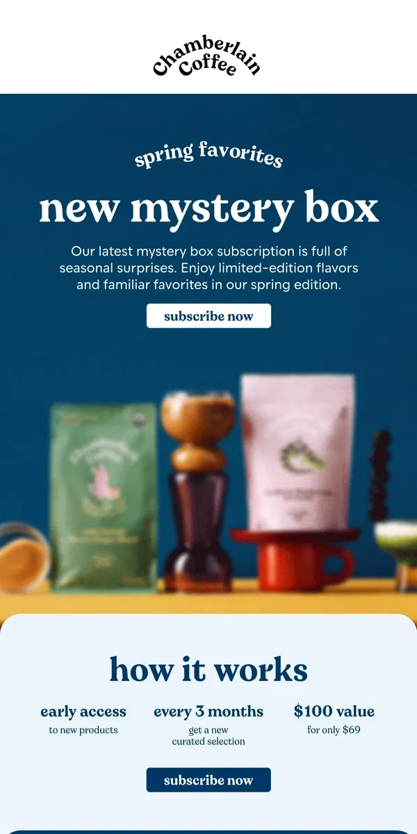 Email from Chamberlain Coffee. spring mystery box