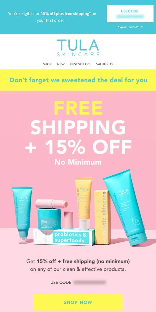 Email from TULA Skincare. 15% off your first order ends soon!