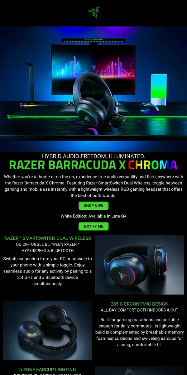 Email from Razer. Just Dropped: Razer Barracuda X Chroma🌈