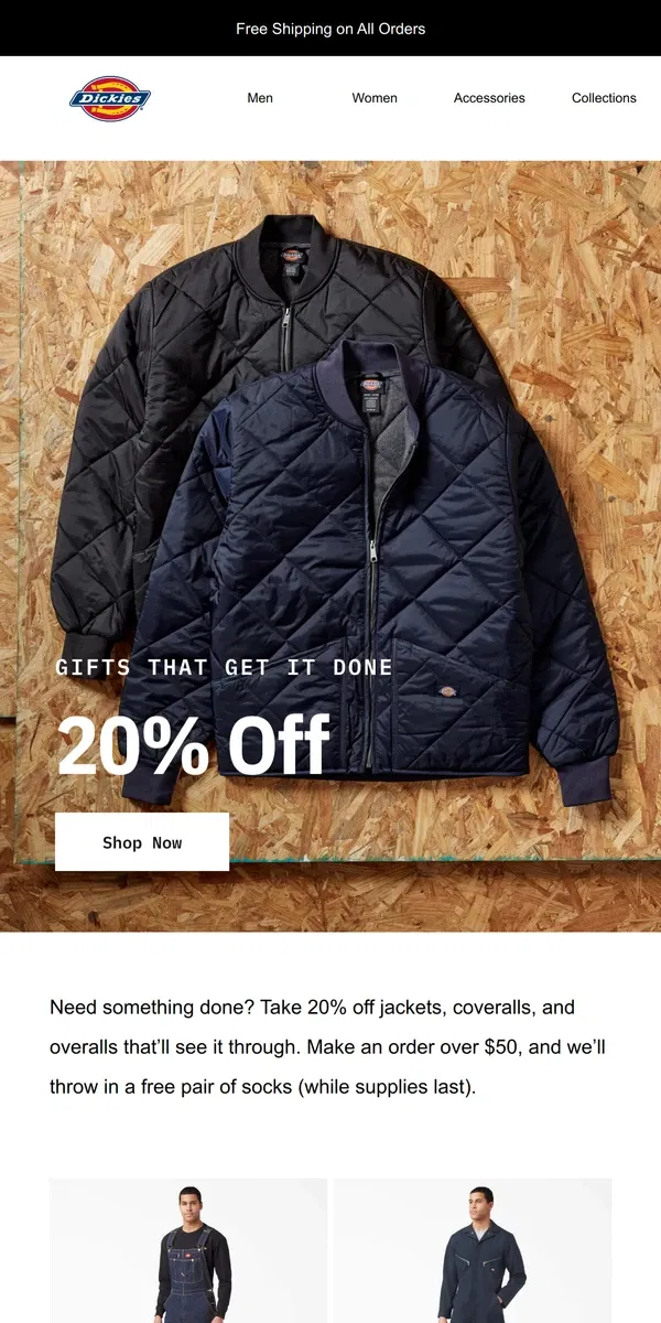 Email from Dickies. 20% off Jackets, Coveralls & Overalls