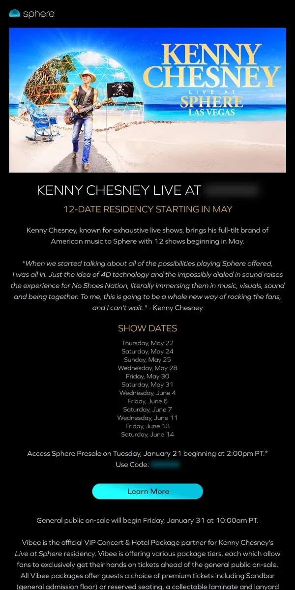 Email from Sphere. Kenny Chesney Announces 12-Date Residency at Sphere