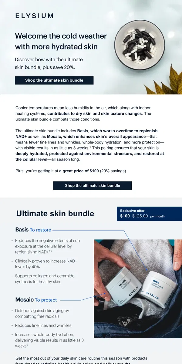 Email from Elysium Health. Combat cold weather skin and save 20%