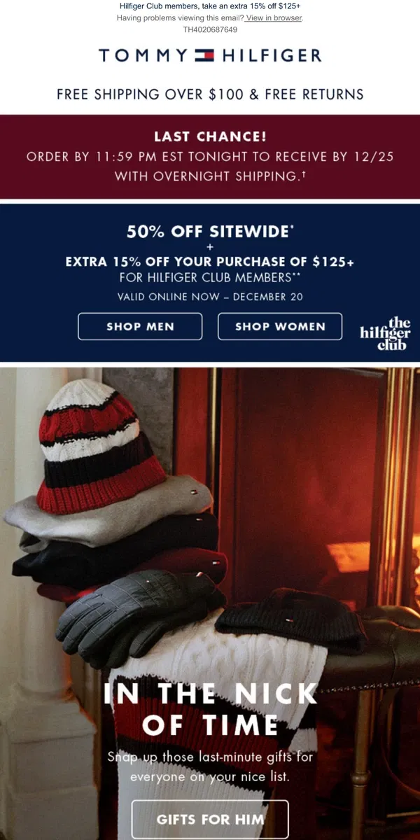 Email from Tommy Hilfiger. FINAL HOURS FOR HOLIDAY SHIPPING & 50% off sitewide