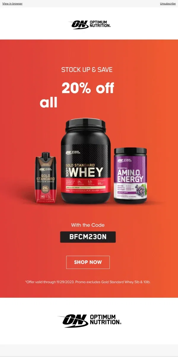 Email from Optimum Nutrition. Black Friday Sale: 20% Off All Products