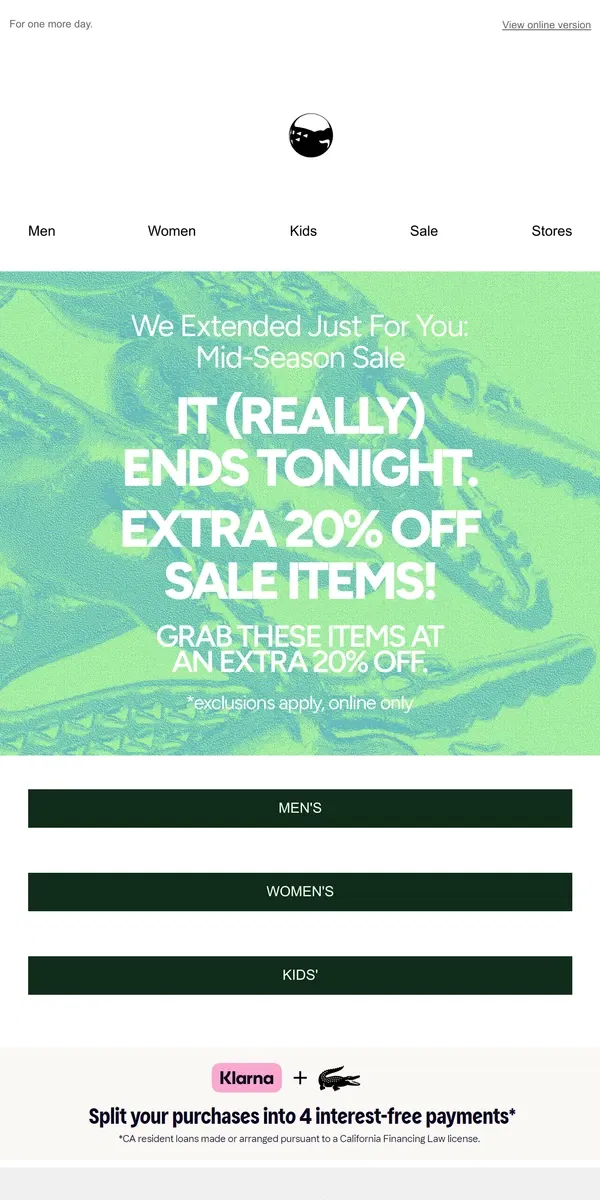 Email from Lacoste. Extended: Mid-Season Sale.