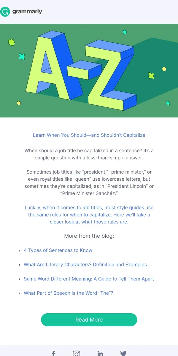 Email from Grammarly. When to capitalize job titles 💼