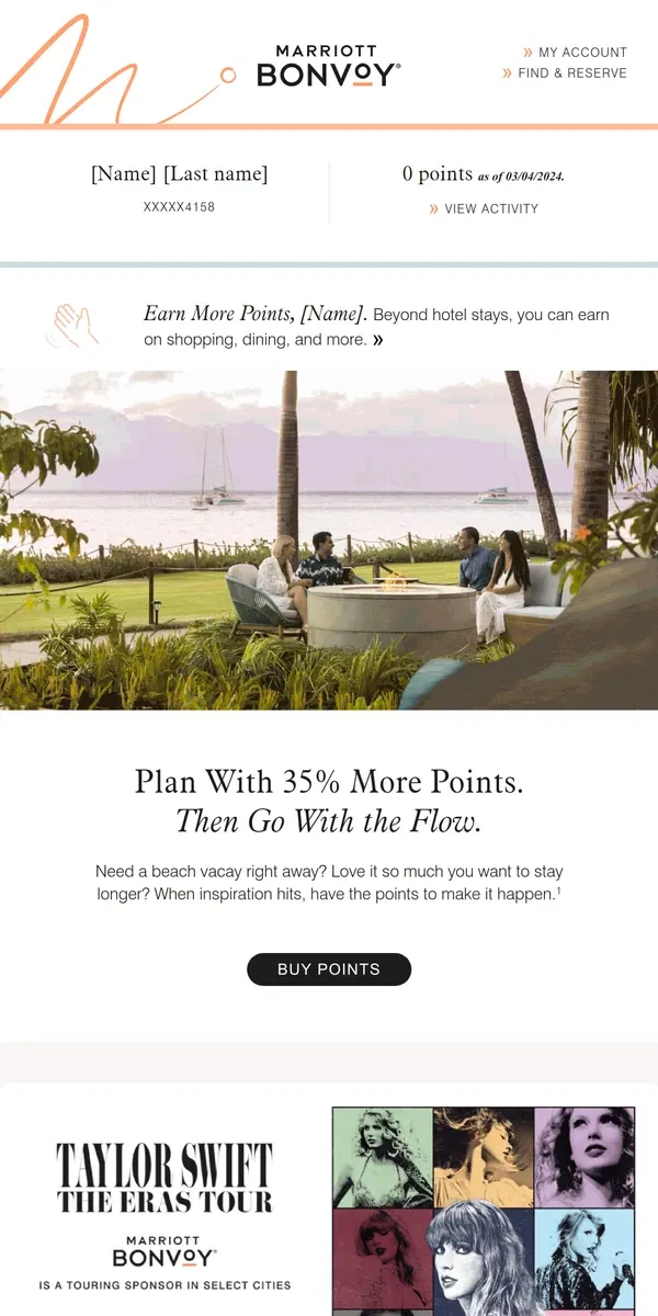 Email from Marriott Bonvoy. [Name]'s Account Update: Get 35% Bonus When You Buy Points.