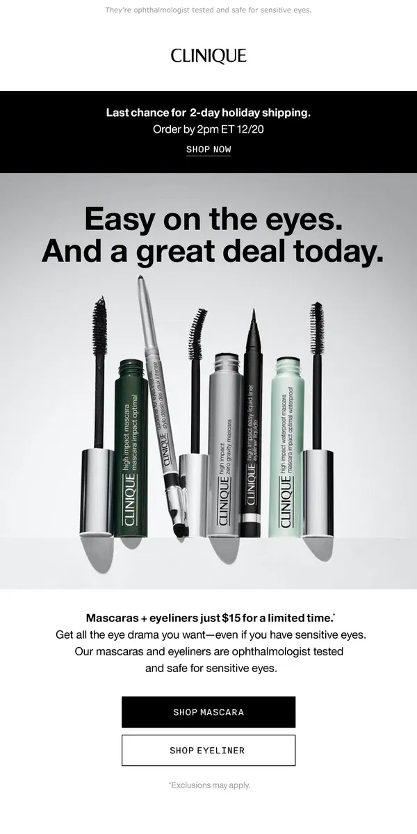 Email from Clinique. Save on mascaras + eyeliners. Just $15 today 🖤