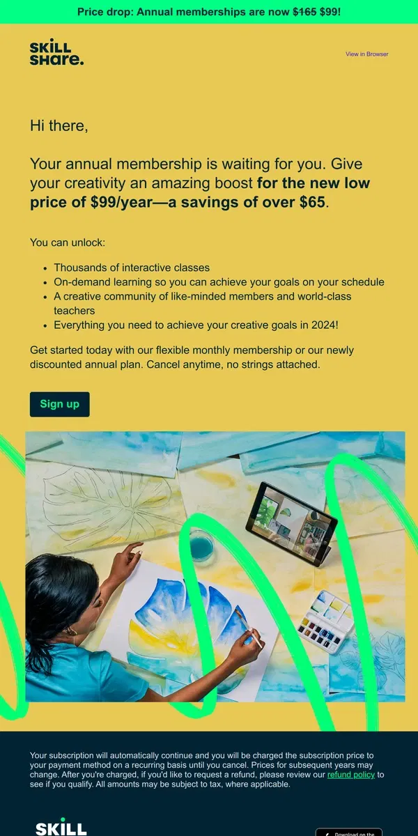 Email from Skillshare. Unlimited class access now even lower - just $8.25/month