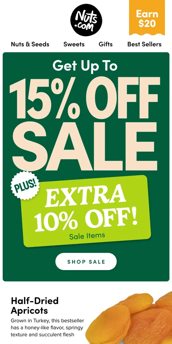 Email from Nuts.com. Harvest Sale: Up to 15% OFF + Extra 10% OFF