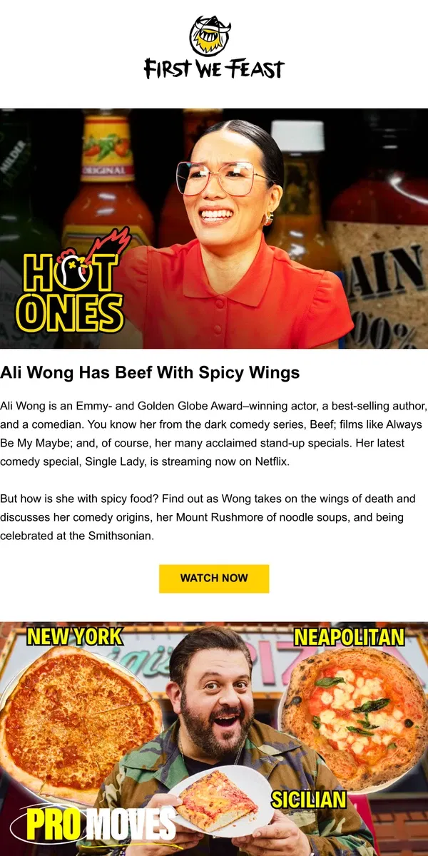 Email from First We Feast. Ali Wong Has Beef With Spicy Wings