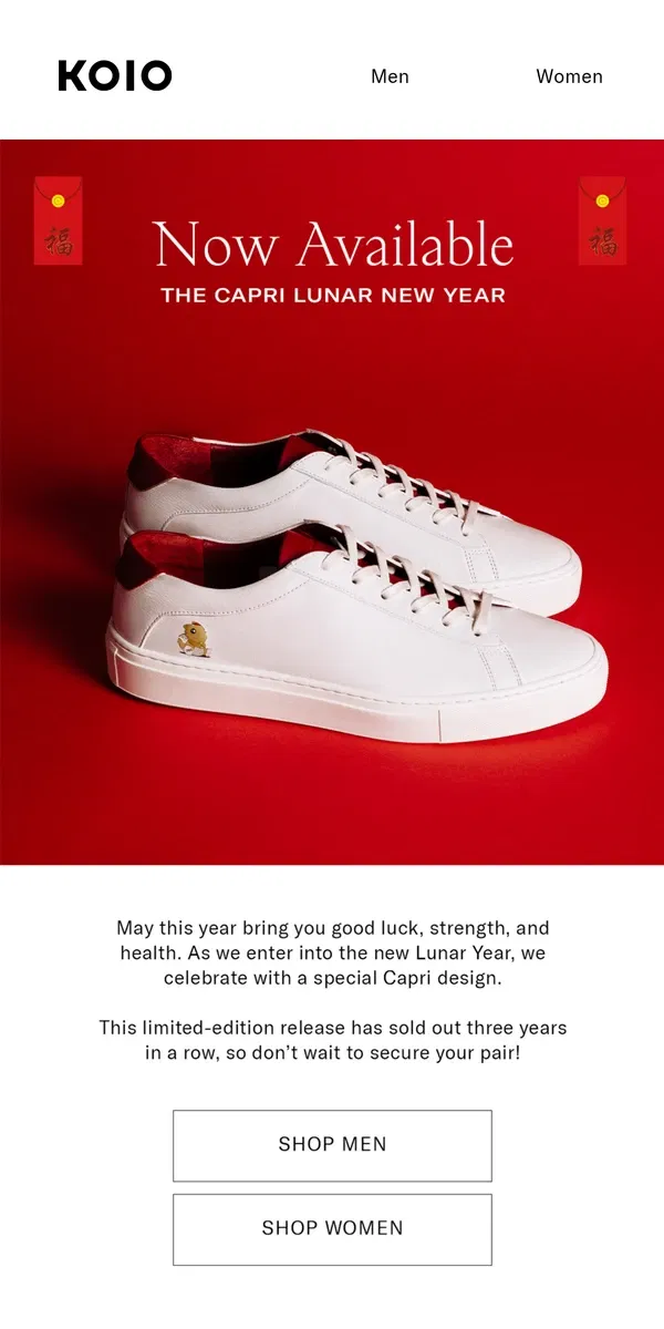 Email from Koio. JUST IN: THE CAPRI LUNAR NEW YEAR