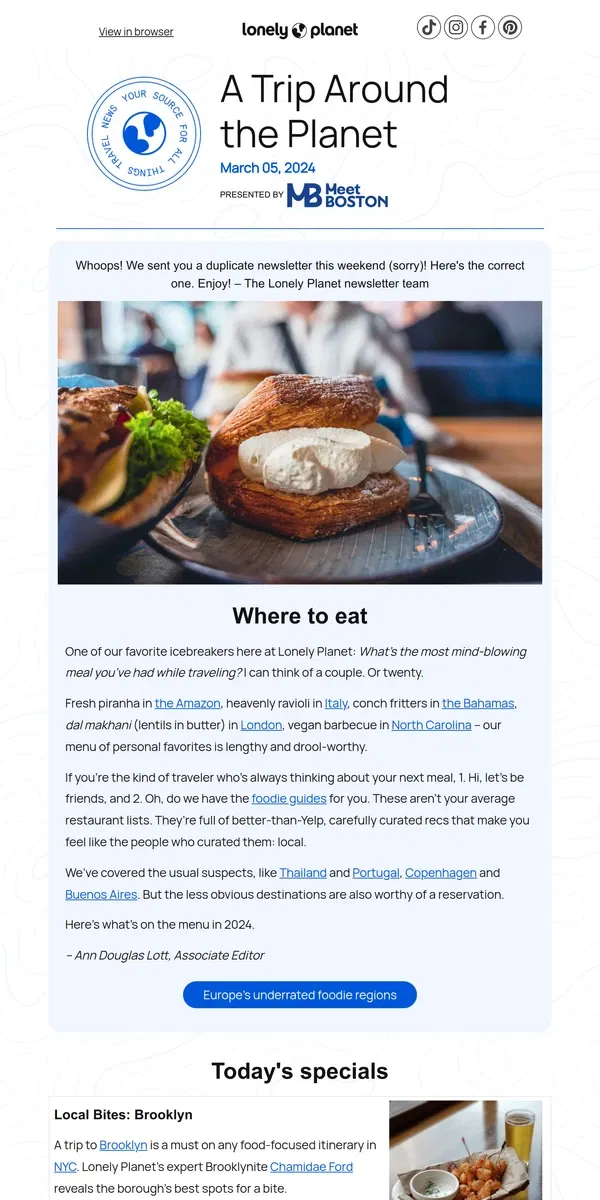 Email from Lonely Planet. Menu, please! 🍽️