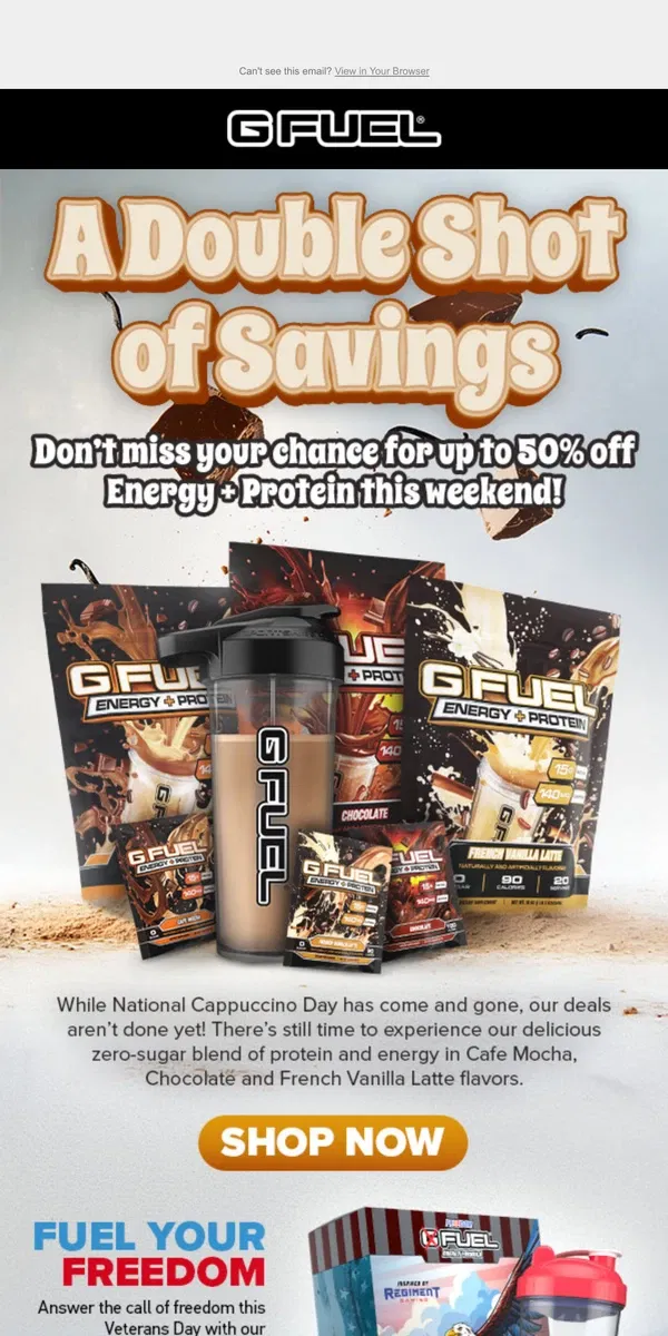 Email from G FUEL. Last Call for up to 50% off Energy + Protein!