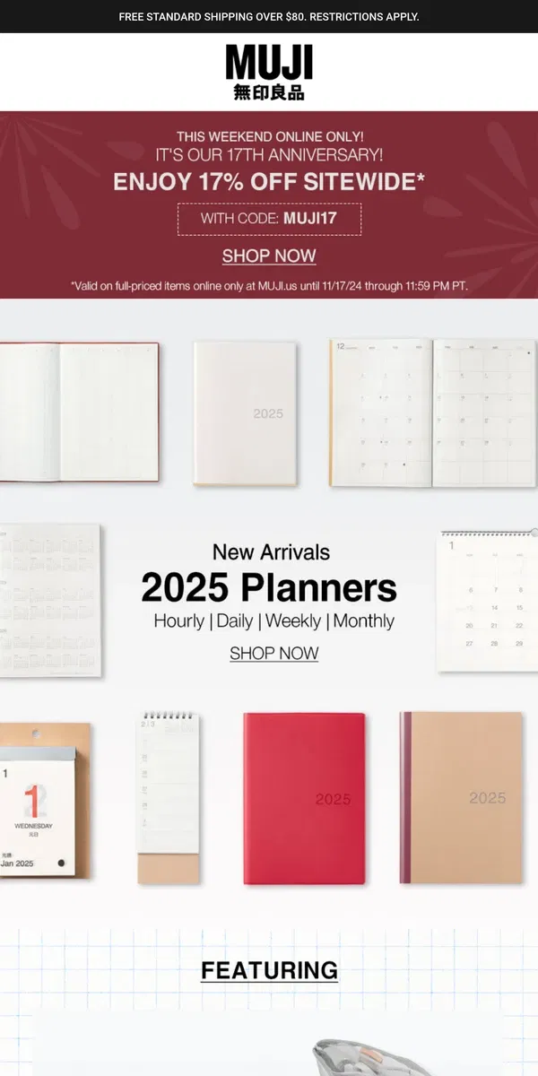 Email from MUJI. Celebrate 17 Years with 17% Off Sitewide Online Only!