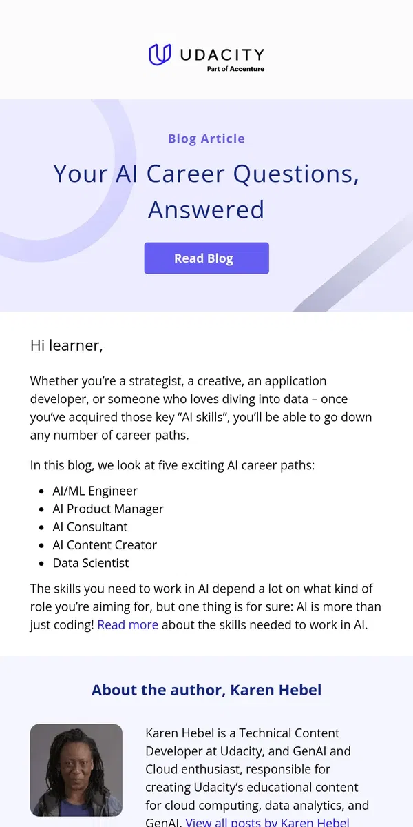 Email from Udacity. 5 exciting career paths in AI