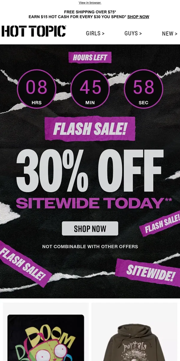 Email from Hot Topic. ❕ Almost gone ❕ 30% Off is over in HOURS