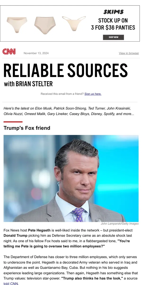 Email from CNN. Trump taps Fox friend; Infowars up for auction; Al Jazeera's unpaid bills; Nuzzi drops case