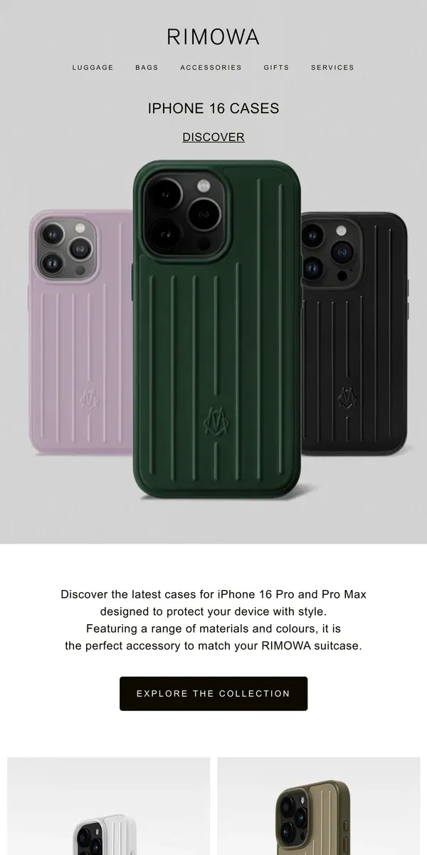 Email from Rimowa. Now available: iPhone 16 cases