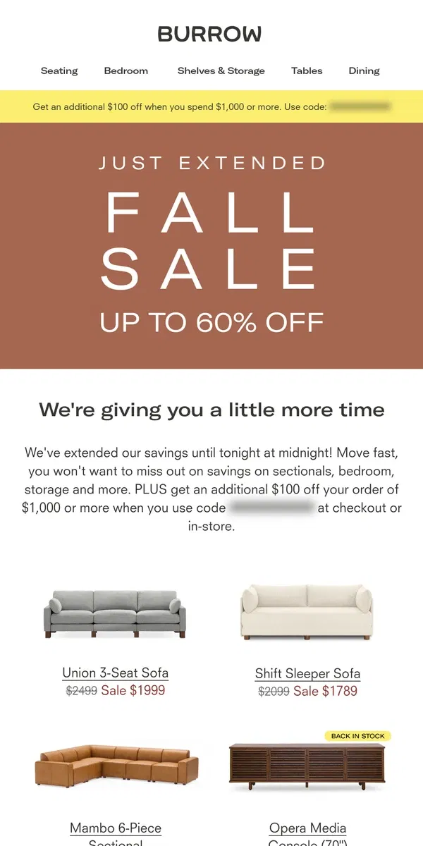 Email from Burrow. Fall Sale EXTENDED