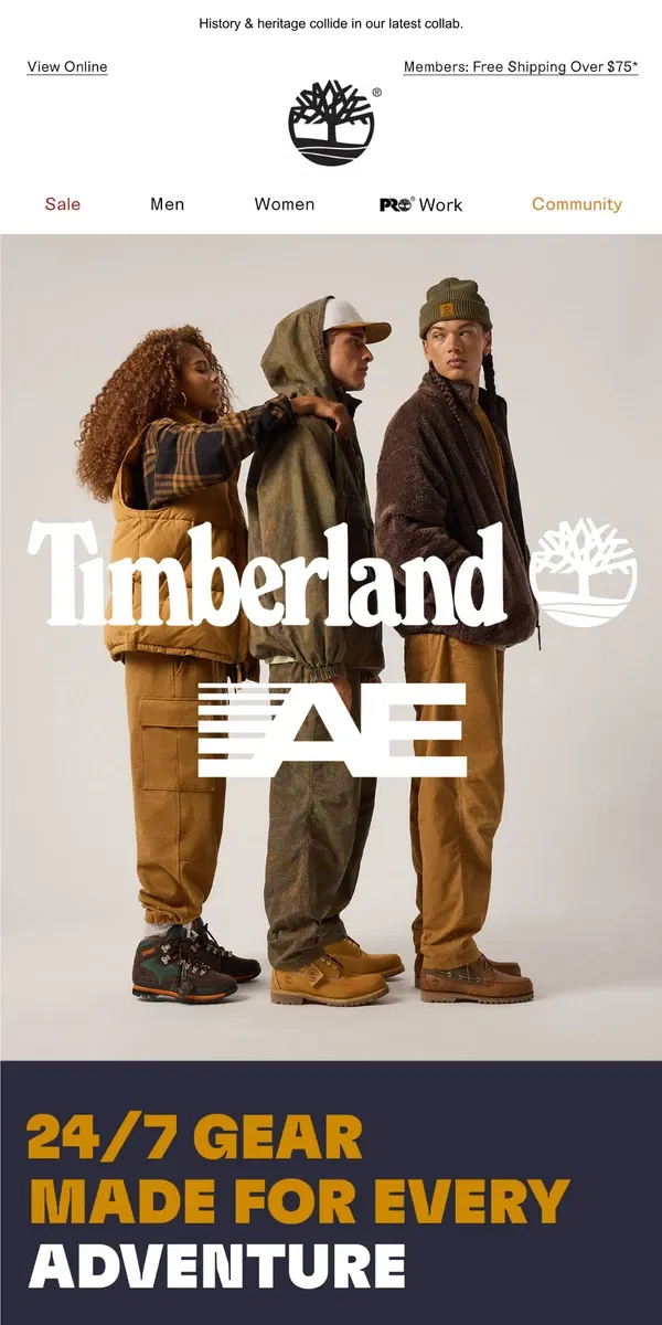 Email from Timberland. Shop Drop 1 of 3 TODAY: Timberland x American Eagle.