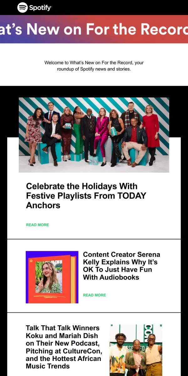 Email from Spotify. Celebrate the Holidays With Festive Playlists From TODAY Anchors