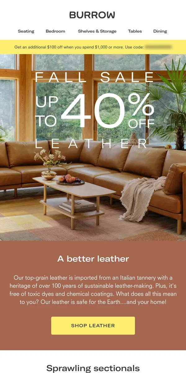 Email from Burrow. Top-grain Italian leather that is kid and earth-friendly.