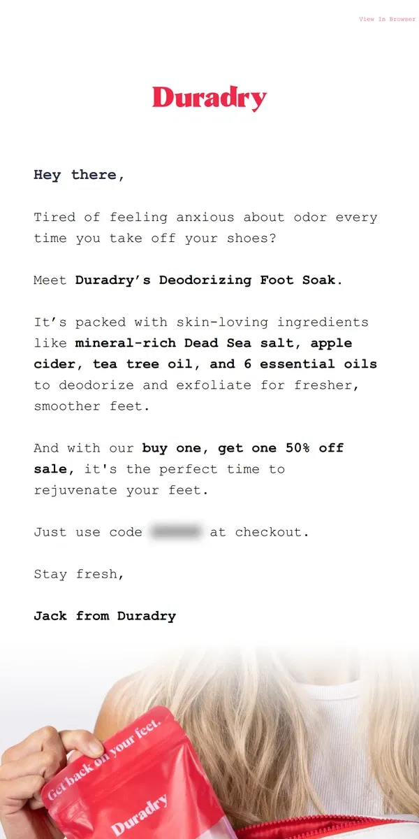 Email from Duradry. Say goodbye to foot odor!