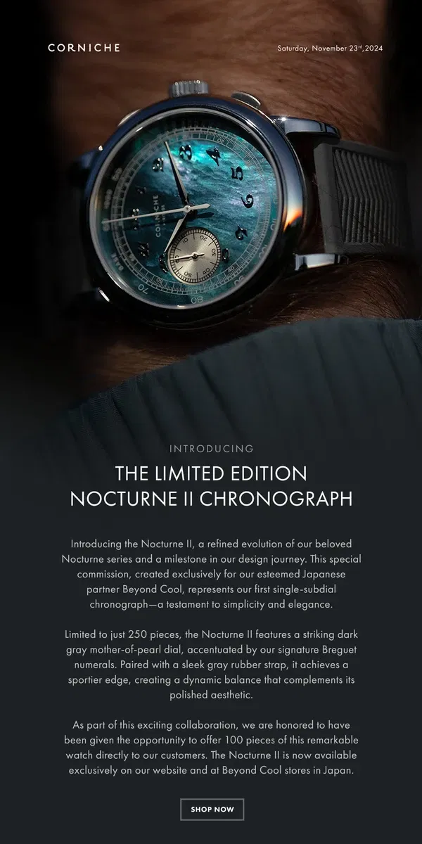 Email from Corniche Watches. Introducing The Limited Edition Nocturne II