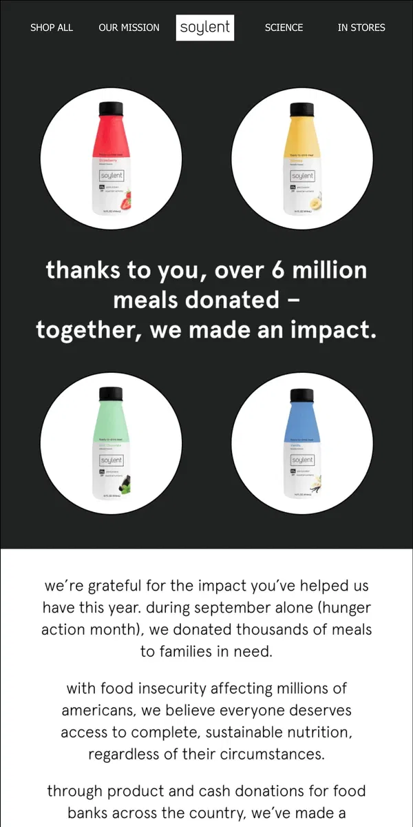 Email from Soylent. over 6 million meals donated – thanks to you.