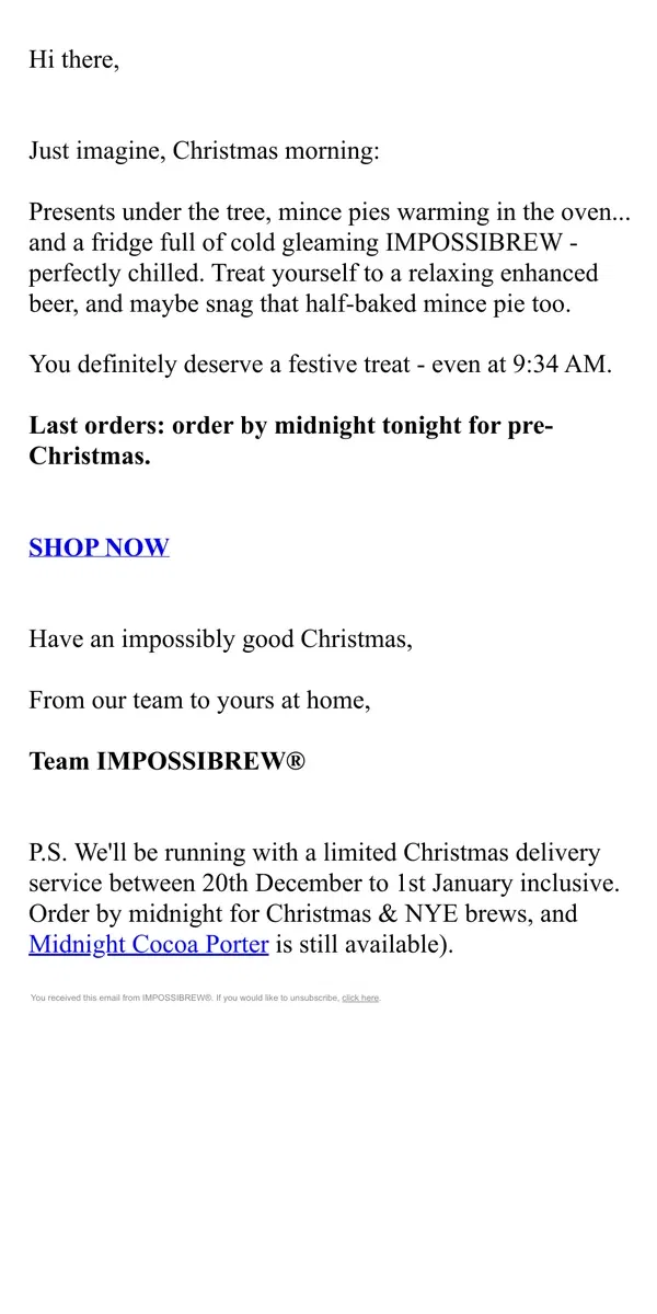 Email from IMPOSSIBREW. ❄️ Christmas delivery - order by midnight