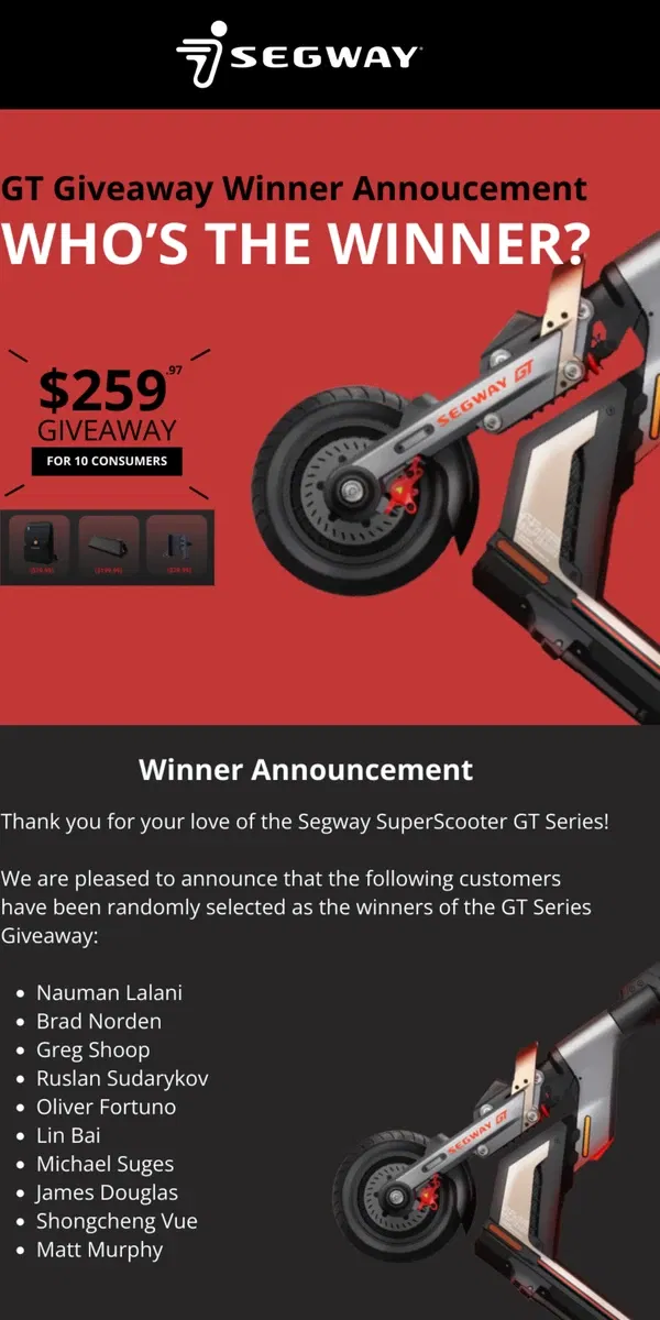 Email from Segway. GT Series Giveaway Winner Announcement 🎉