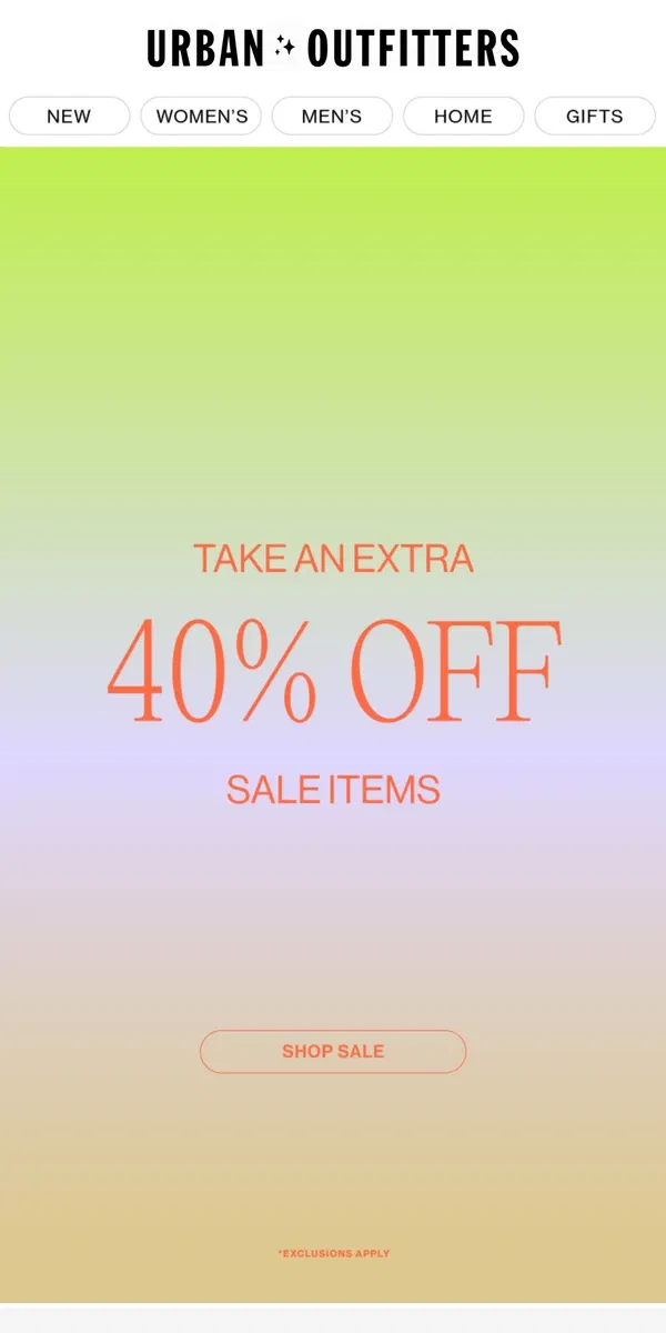 Email from Urban Outfitters. extra 40% off sale online ends today!