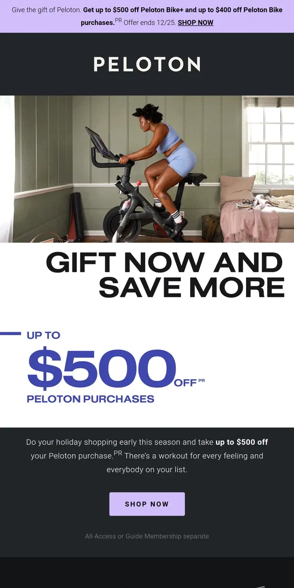 Email from Peloton. Up to $500 off the Peloton gifts on their wishlist