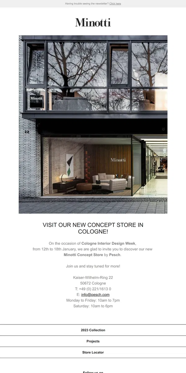 Email from MINOTTI. VISIT OUR NEW CONCEPT STORE IN COLOGNE!