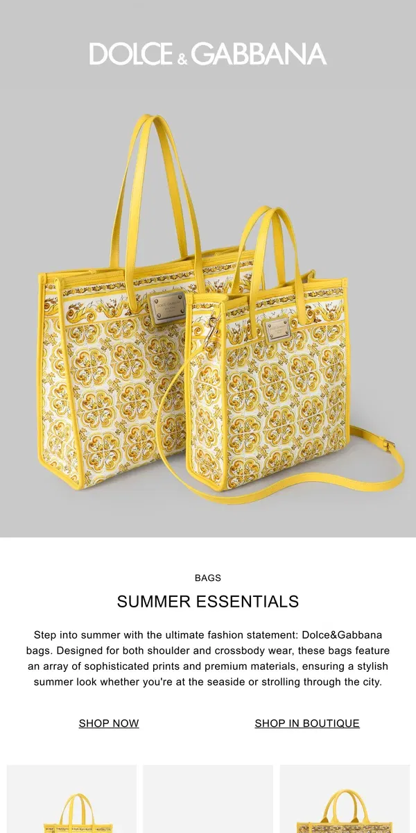 Email from Dolce & Gabbana. Dolce&Gabbana icons: bag edition