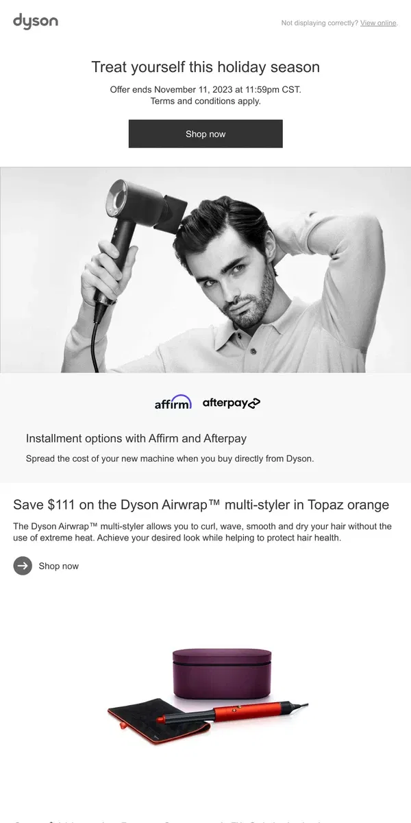 Email from Dyson. Limited time offer: Save up to $111 on select Dyson hair care technology