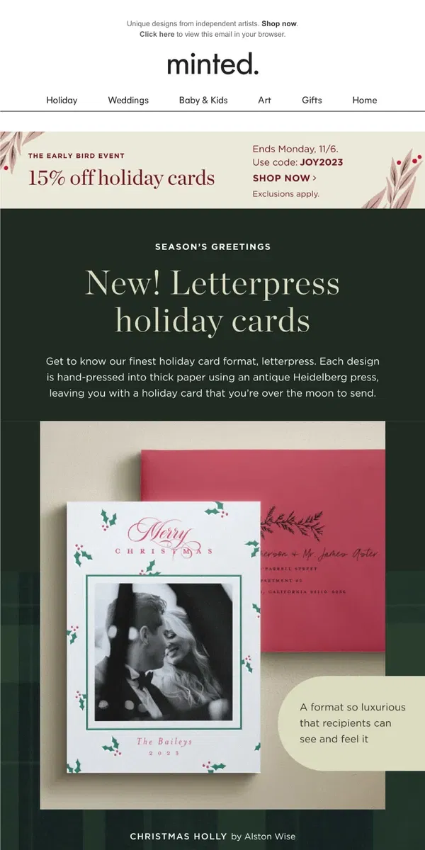 Email from Minted. New! Letterpress holiday cards