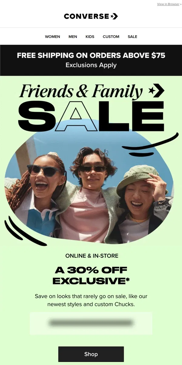 Email from Converse. Friends + fam: 30% off all weekend