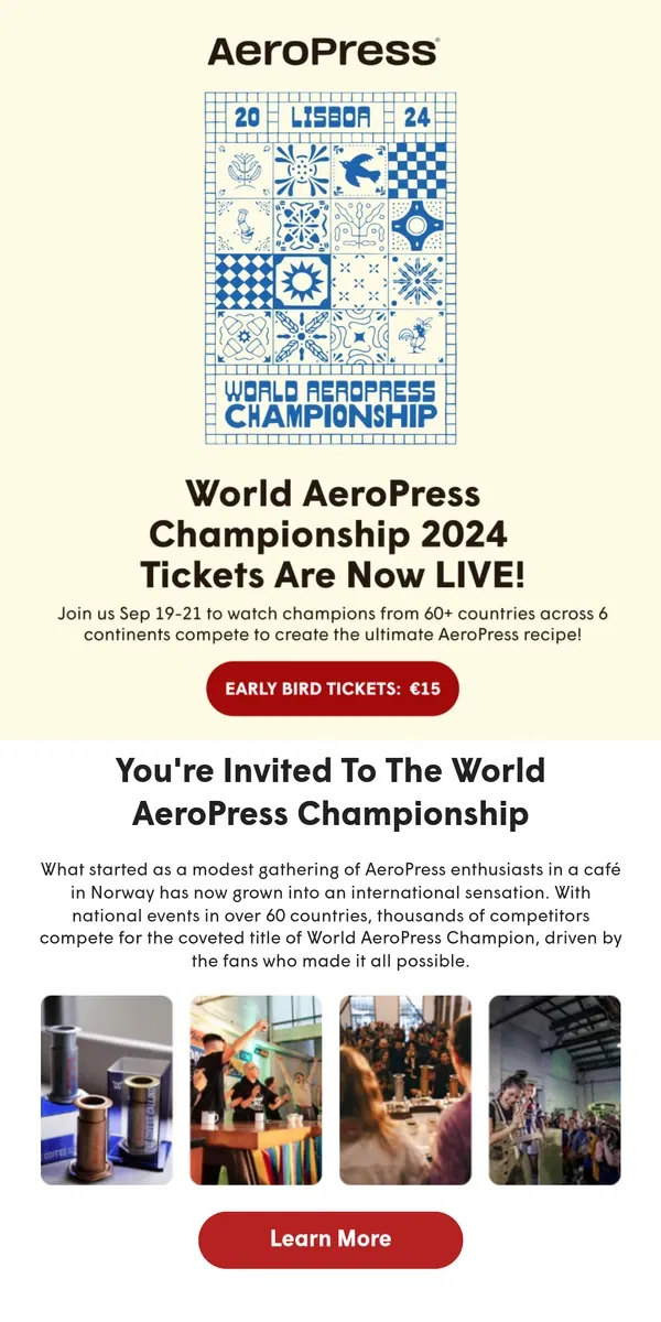 Email from AeroPress. Tickets Are LIVE for the 2024 World AeroPress Championship! 🎟️