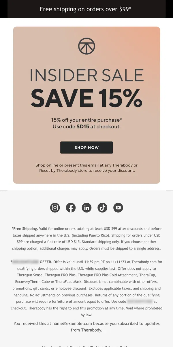 Email from Therabody. THERABODY INSIDER SALE: Take 15% off for a limited time!