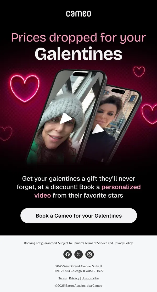 Email from Cameo. Pssst: Don’t Tell the Boys, but we’re Dropping Prices for Your Galentines