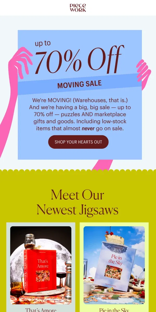 Email from Piecework Puzzles. Moving Sale! 🚚✨