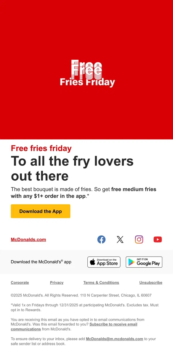 Email from McDonald's. don’t u love free fries?