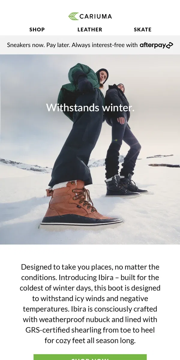 Email from Cariuma. Just Landed: Winterproof Boot