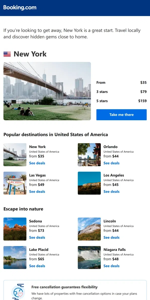 Email from Booking.com. Deals in New York from $35 for January