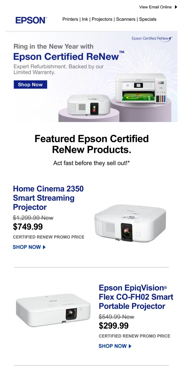 Email from Epson. Ring in the New Year with Epson Certified ReNew!