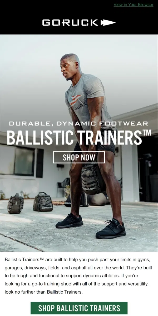 Email from GORUCK. Ballistic Trainers - Durable, Dynamic Footwear