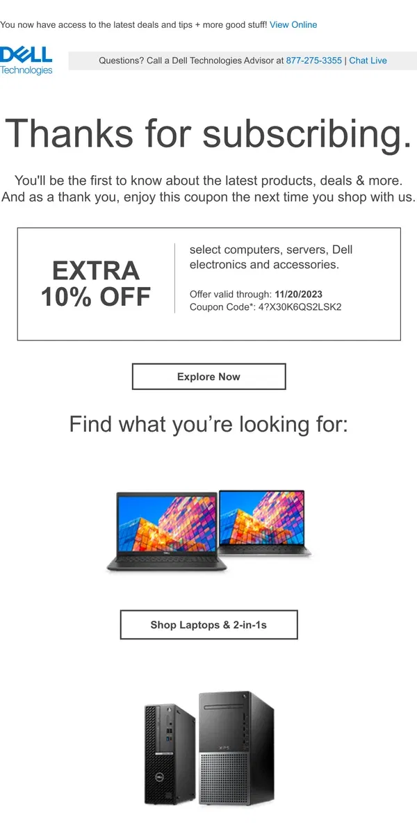 Email from Dell. Valued Customer,  thanks for signing up! + get 10% off.