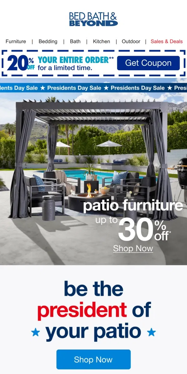 Email from Bed Bath & Beyond. Last Chance: Save Up to 35% on Patio Furniture & Beyond